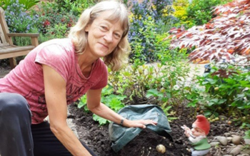Gardening volunteer tending to flower beds at a hospital garden.